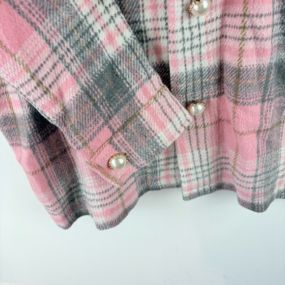 Forever 21 Women Pink Gray Plaid Plaid Pearl Button Shacket Shirt Jacket Small - Picture 3 of 5